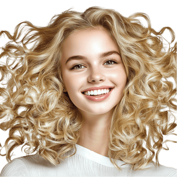 Young woman with voluminous curly golden hair smiling png