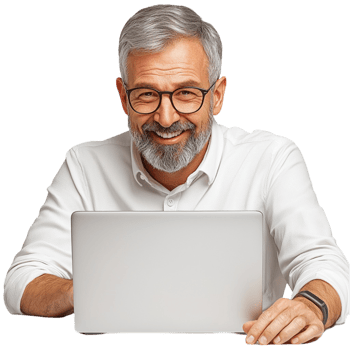 Elderly man happily working on his laptop png