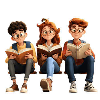 Three students reading books while sitting together png