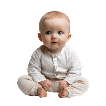 Gentle baby sitting on a transparent background in cozy light attire, showcasing innocence and charm, Baby cos isolated on transparent background png