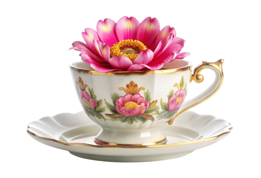 A pink flower is in a cup with a saucer png