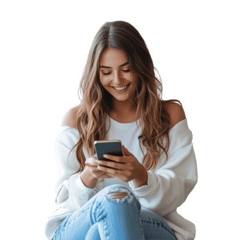 Young woman smiles while chatting on her smartphone in a cozy setting during the day, Young woman chatting with her smartphone file no background png