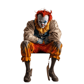 A creepy clown with bright hair sits alone on a chair, creating an eerie atmosphere against a transparent background, Scary clown sitting on a chair isolated on transparent background png