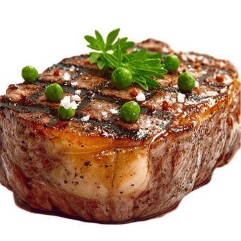 Juicy grilled steak topped with green peppercorns and parsley garnish png