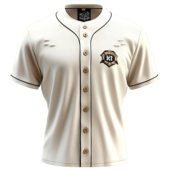 White baseball jersey with black buttons and embroidered team logo png