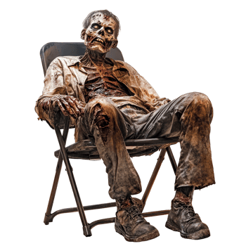Spooky zombie sitting in a chair with a haunting expression and tattered clothing, isolated against a transparent background, Spooky Zombie Sitting in Chair Isolated on transparent background png