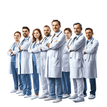 Group of confident doctors wearing white lab coats and standing together png