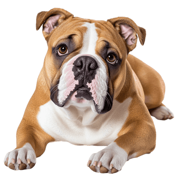Adorable brown and white bulldog puppy with a wrinkled face and big eyes png