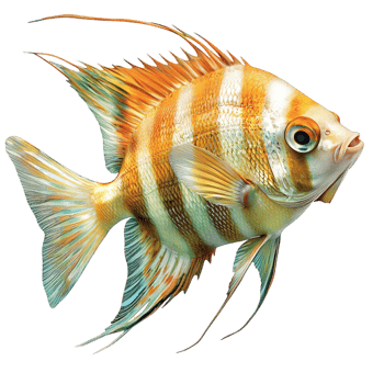 Striking angelfish with long flowing fins and vibrant orange and white stripes png
