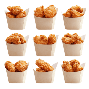 A delightful collection of crispy fried chicken stacked in paper containers, ready to be served at a casual gathering, Fried Chicken in paper bucket isolated on transparent background png