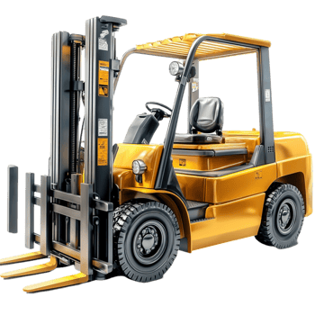 Industrial yellow forklift with black tires and a lifting mechanism png