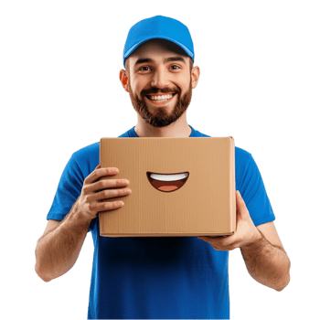 Smiling delivery man in a blue uniform holding a cardboard package png