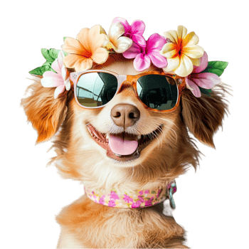 dog wearing sunglasses and a floral headband looking happy png