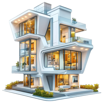 Futuristic multi level house with glass windows and a design png