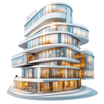 glass building with curved balconies and lights png