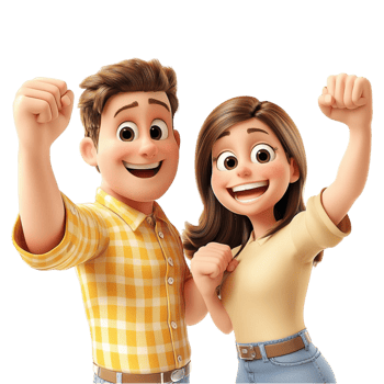 Happy cartoon couple cheering with excitement png