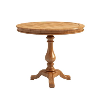 Elegant round wooden table with a carved pedestal base against a clean transparent background for interior design use, table isolated on transparent background png