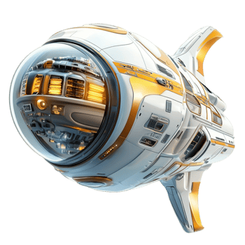 Futuristic space capsule with a metallic blue and gold design png