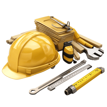 Construction tools and safety helmet arranged on a surface in workshop setting showcasing essential equipment for site operations, Construction tools with safety helmet png