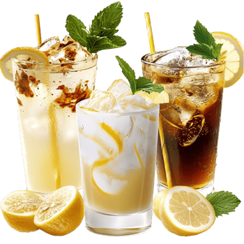 Reing summer drinks with ice and lemon garnishes png