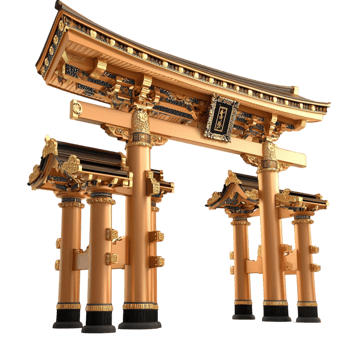 Traditional Japanese torii gate with golden wooden pillars and intricate carvings png