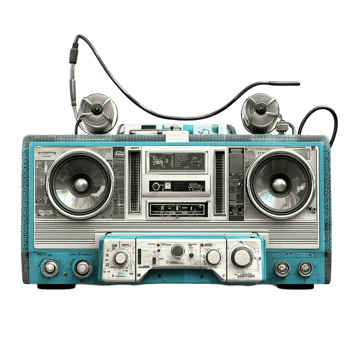 Retro blue boombox with large speakers and an oldschool cassette player png