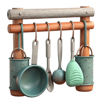 serene creative Kitchen Utensils Hanging on Rack Cutout professional png