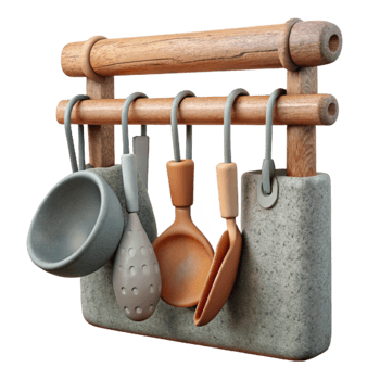 serene vintage Kitchen Utensils Hanging on Rack Cutout 4K png