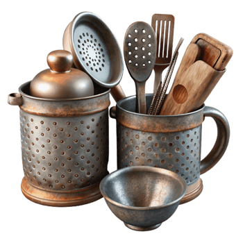 vibrant vintage Kitchen Utensils Set Stainless Steel Isolated authentic png
