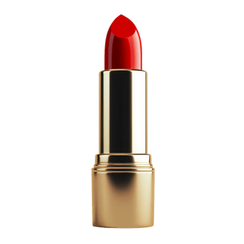 Bright red lipstick in a sleek gold tube on a clean transparent background showcases beauty essentials for makeup lovers, Red lipstick isolated on transparent background, 3D render. png