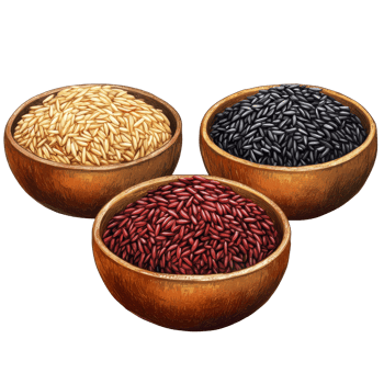 A colorful display of three types of rice in wooden bowls on a neutral background for culinary enthusiasts, Three types of rice in bowls basmati rice, red rice and black rice png