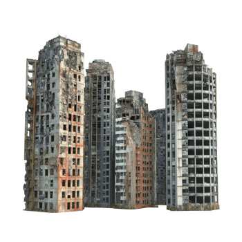 Ruined skyscraper buildings standing isolated against a stark transparent background showcasing urban decay and neglect, Ruined Skyscraper Buildings Isolated on transparent background png