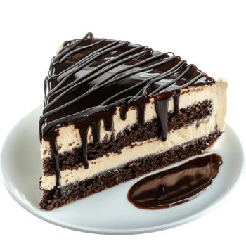 Delicious slice of turtle cake drizzled with rich chocolate syrup served on a transparent plate, Isolated slice of turtle cake with chocolate syrup png