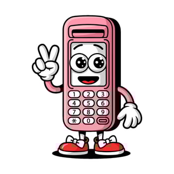 cartoon pink phone character with big eyes making peace sign on white background vector