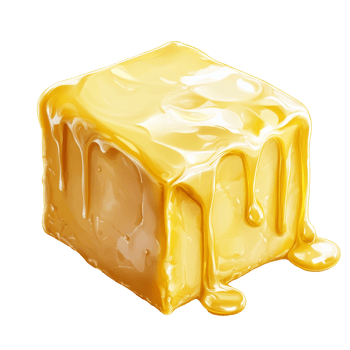 Melted butter cube isolated on a transparent background highlighting its rich texture and golden hue, Cube butter melting isolated png