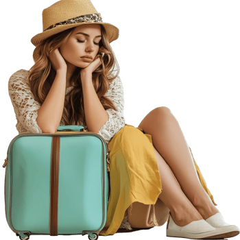 A tired woman sits on the floor with a suitcase, waiting for her travel plans to unfold during the afternoon, file no background Tired woman waiting with a trolley bag png