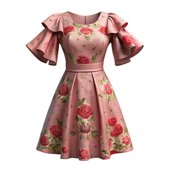 dramatic minimalist Pink Floral Dress with Ruffle Sleeves Transparent Background original png