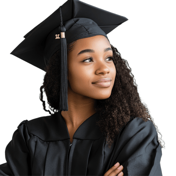 Black female graduate wearing cap and gown poses confidently against a light transparent backdrop, Black Female Graduate in Cap and Gown on transparent background png