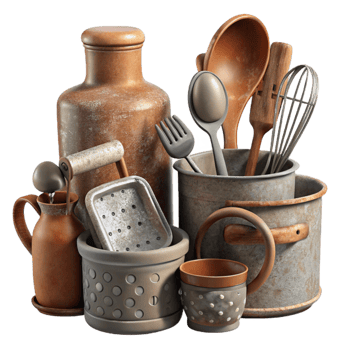 serene artistic Rustic Kitchen Utensils Collection Isolated on Transparent Background exclusive png