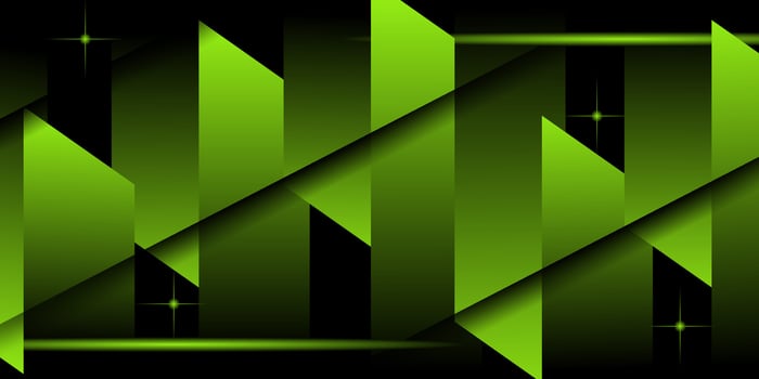 Abstract bright green overlapping triangle shapes 3D background. Simple and modern pattern concept on dark background. Eps10 vector