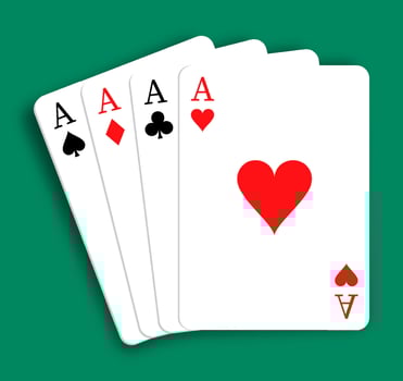 Set of 4 aces of playing cards of different suits. Diamonds, Hearts, Clubs, Spades. Combination of four kinds in poker. Realistic isolated on green background vector