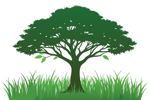Vibrant cartoon tree illustration on a grassy knoll. vector