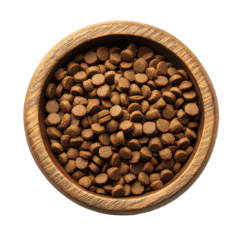 Wooden Bowl Dog Food Kibble on transparent background. png