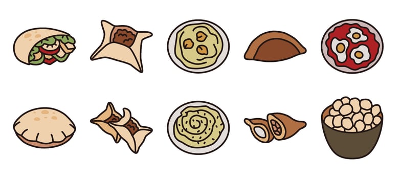 Illustrated Middle Eastern Food in colorful line style vector