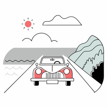 Minimalist Vintage Car Coastal Road Trip Illustration Pastel Colors. vector