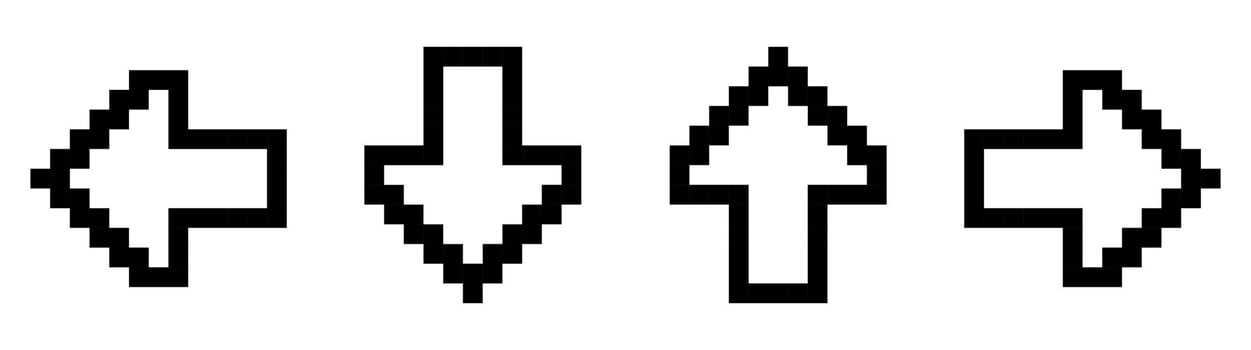 Pixel art set with four black and white arrows turned in different directions isolated on a white background. 8bit pixel illustration. vector