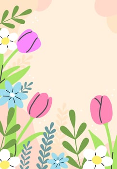 Spring postcard poster with tulips flowers and leaves with space for your text. flat illustration template. vector