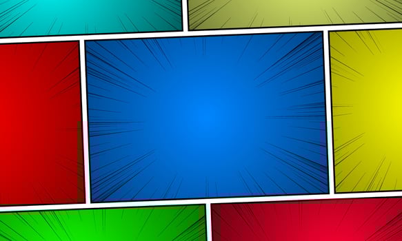 Comic book page template with radial and ray halftone effects in pop-art style. vector