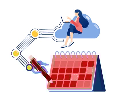 Illustration of a Woman Arranging Her Schedule on a Calendar with Help from a Cloud Robot and a Robotic Hand Formed from Network Cables, Symbolizing AI vector