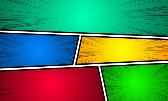 Comic book page composition with halftone ray circles, bright radial effect in various colors vector